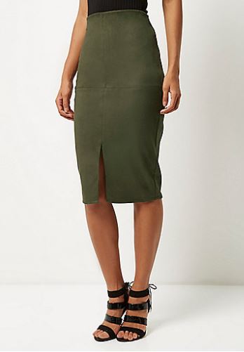 Khaki faux suede pencil skirt